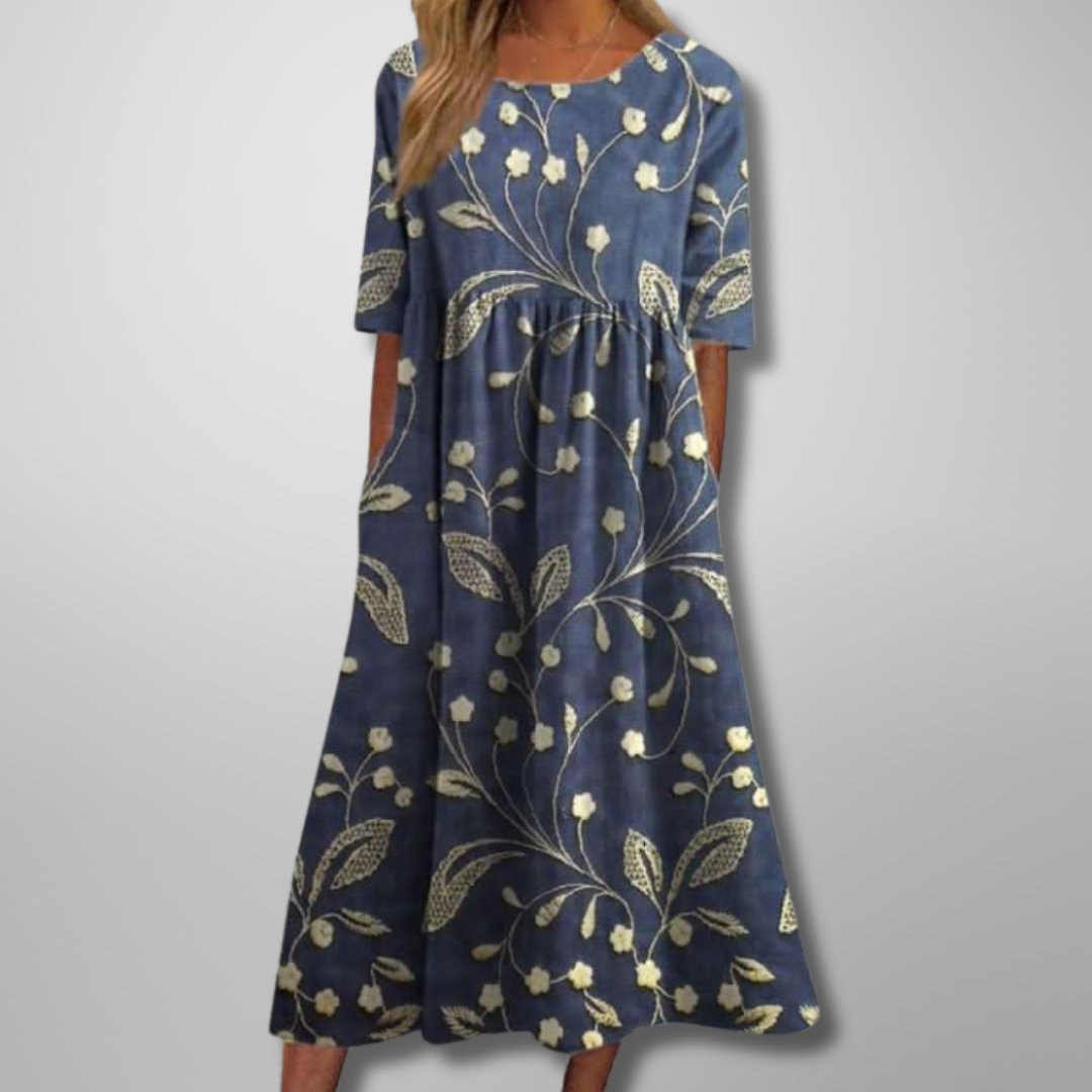 Half-Sleeve Empire-Waist Casual Midi Dress in Dark Blue