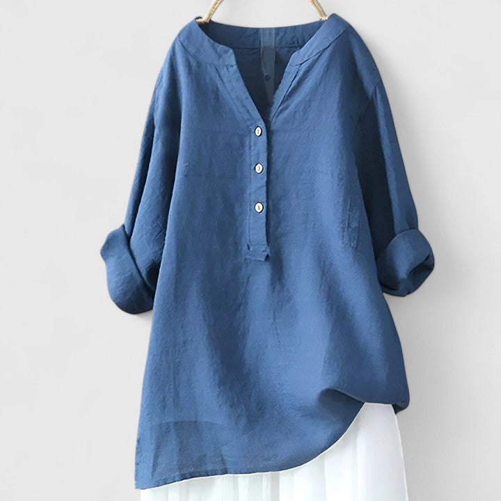 Relaxed V-Notch Button-Front Casual Blouse in Blue