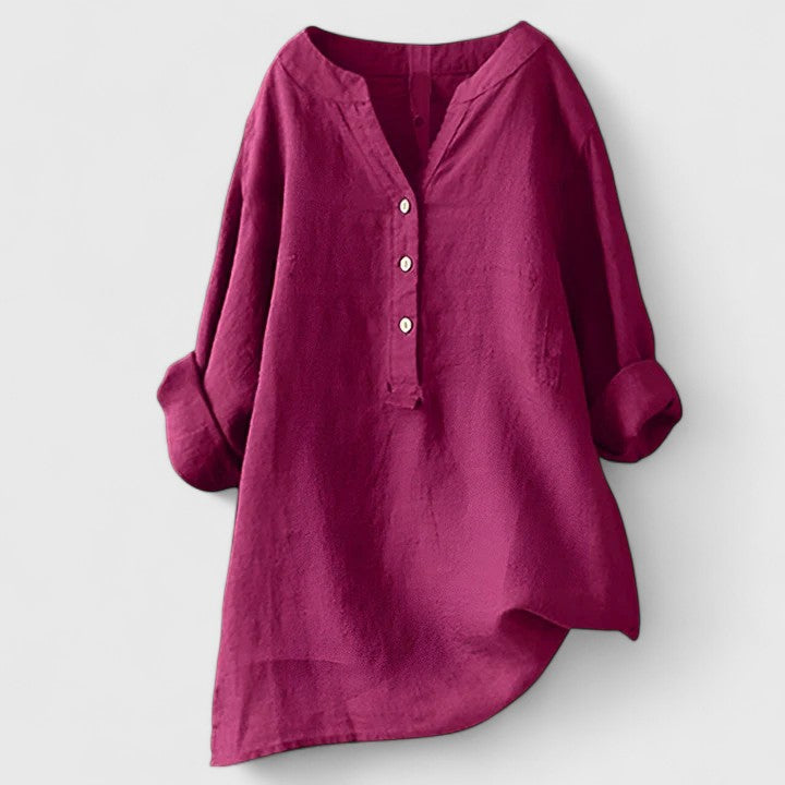 Relaxed V-Notch Button-Front Casual Blouse in Fuchsia