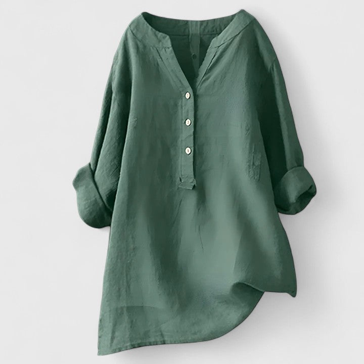 Relaxed V-Notch Button-Front Casual Blouse in Green