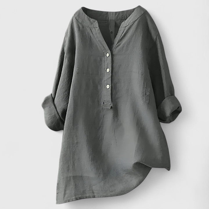 Relaxed V-Notch Button-Front Casual Blouse in Grey