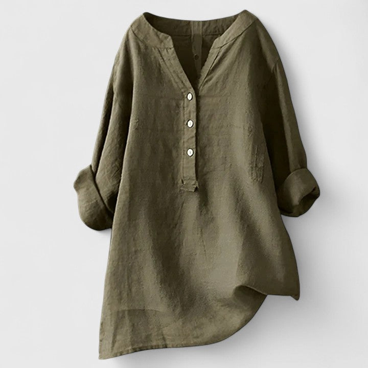 Relaxed V-Notch Button-Front Casual Blouse in Olive