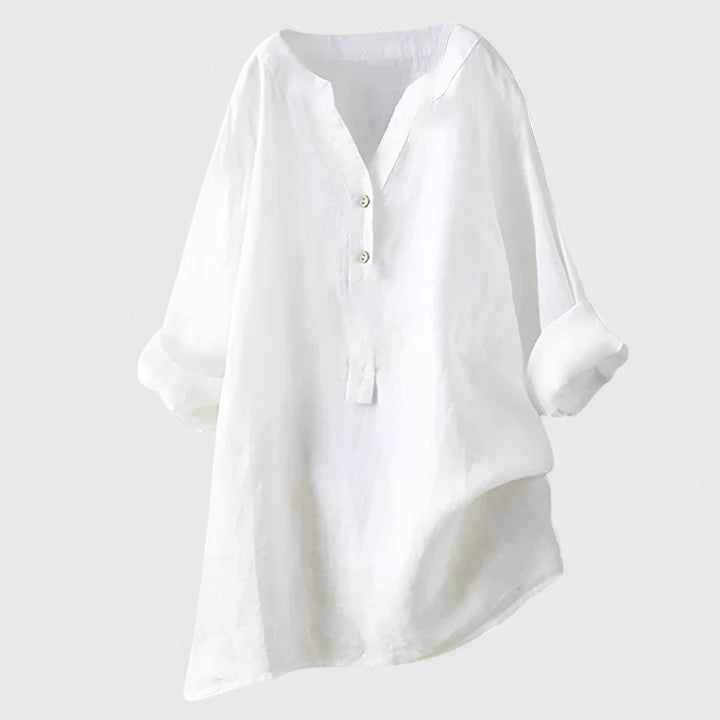 Relaxed V-Notch Button-Front Casual Blouse in White