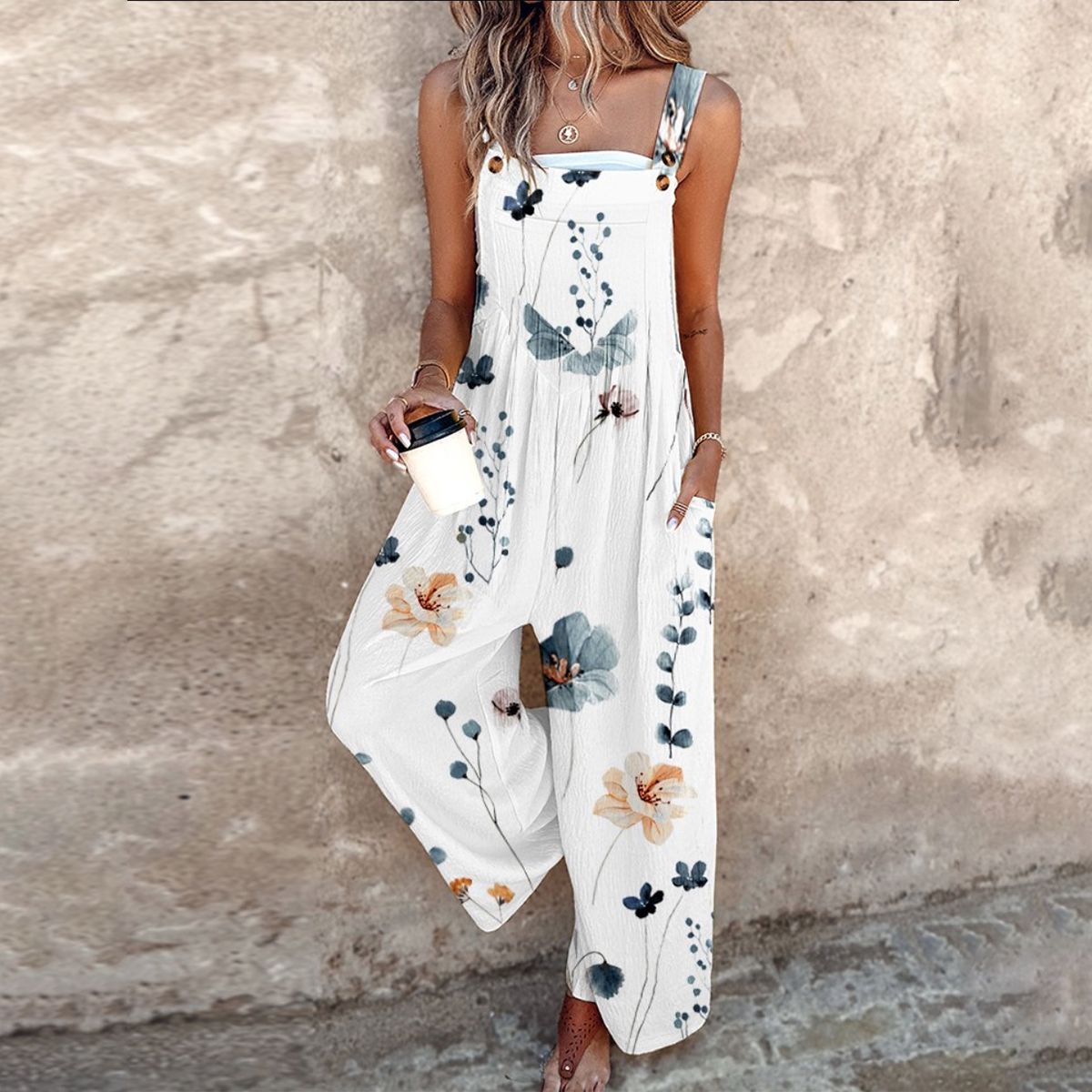 Button-Strap Wide-Leg Casual Jumpsuit in White