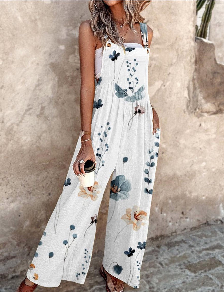 Button-Strap Wide-Leg Casual Jumpsuit in White