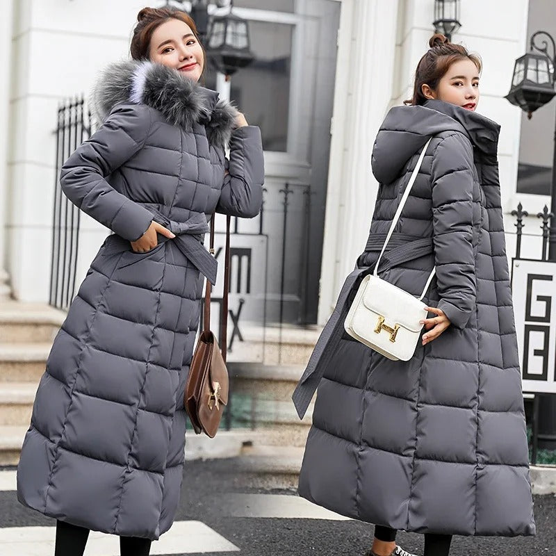 Women's Hooded Belted Quilted Casual Coat in Dark Grey