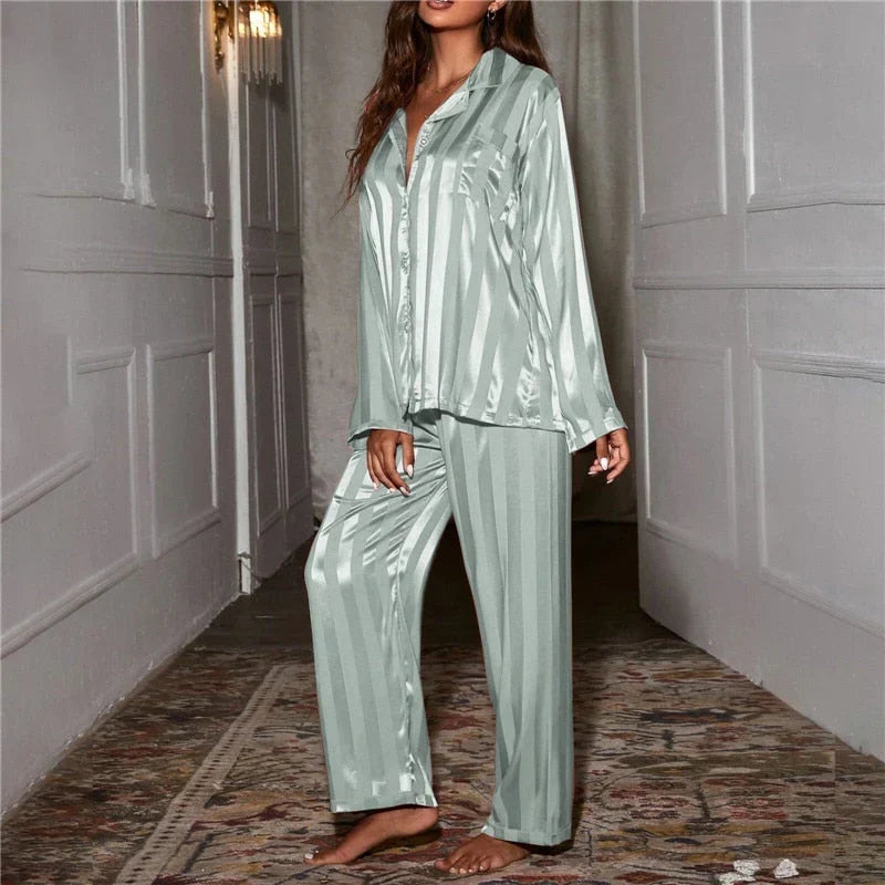 Women's Striped Casual Pyjamas in Sage