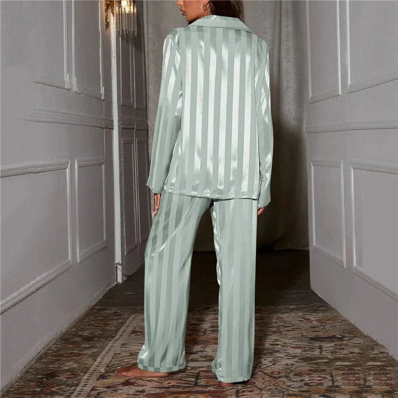 Women's Striped Casual Pyjamas in Sage