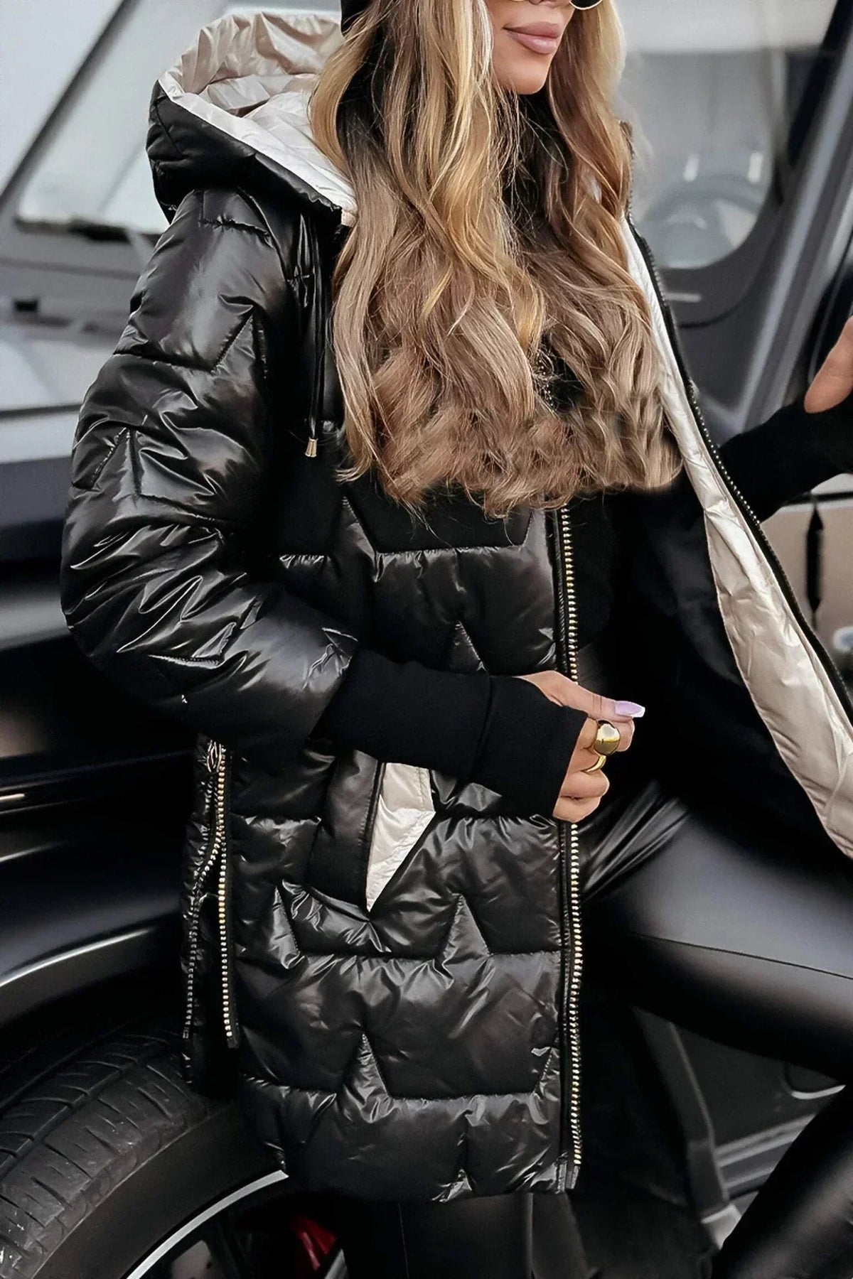 Women's Hooded Quilted Zip-Front Casual Coat in Black