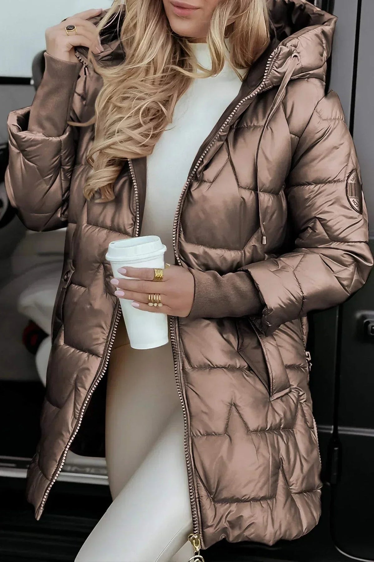 Women's Hooded Quilted Zip-Front Casual Coat in Brown