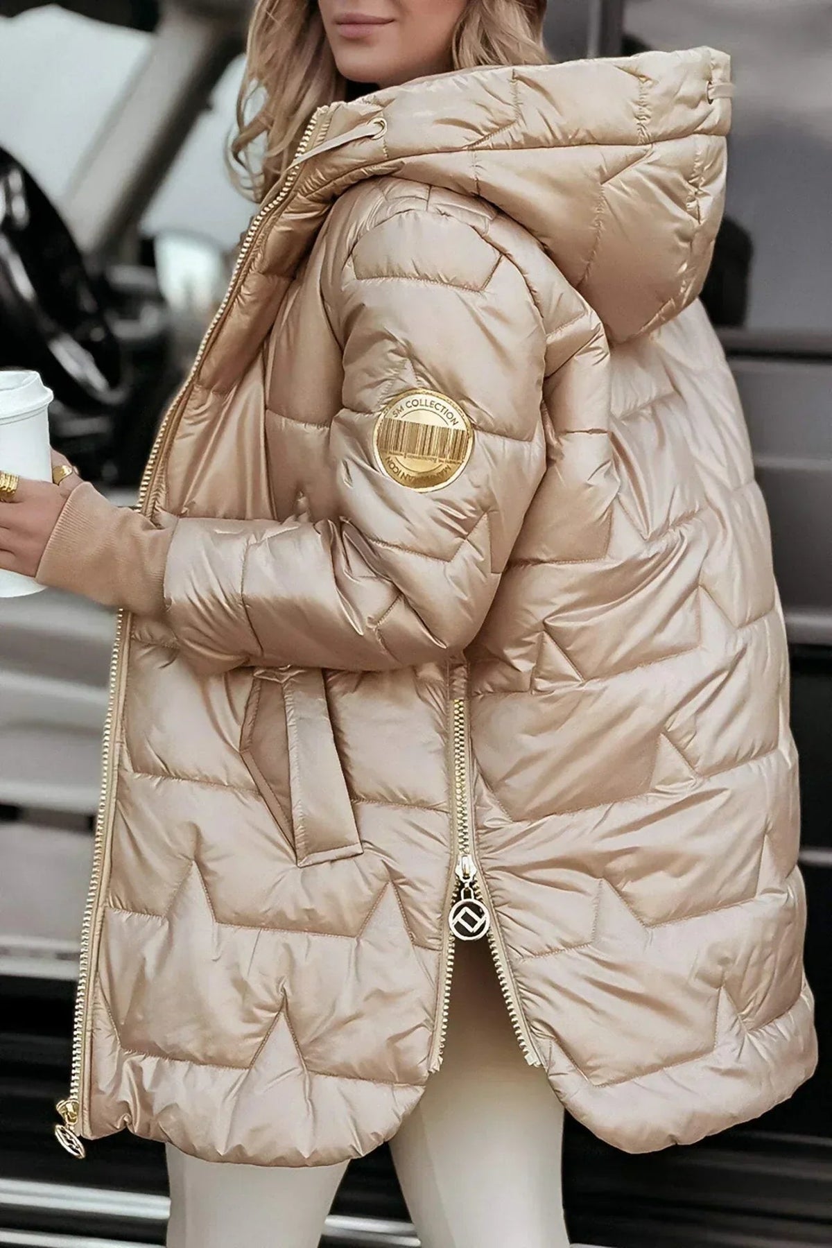 Women's Hooded Quilted Zip-Front Casual Coat in Gold
