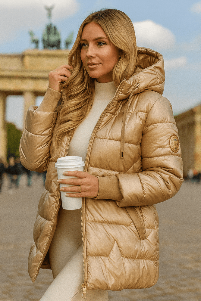 Women's Hooded Quilted Zip-Front Casual Coat in Gold