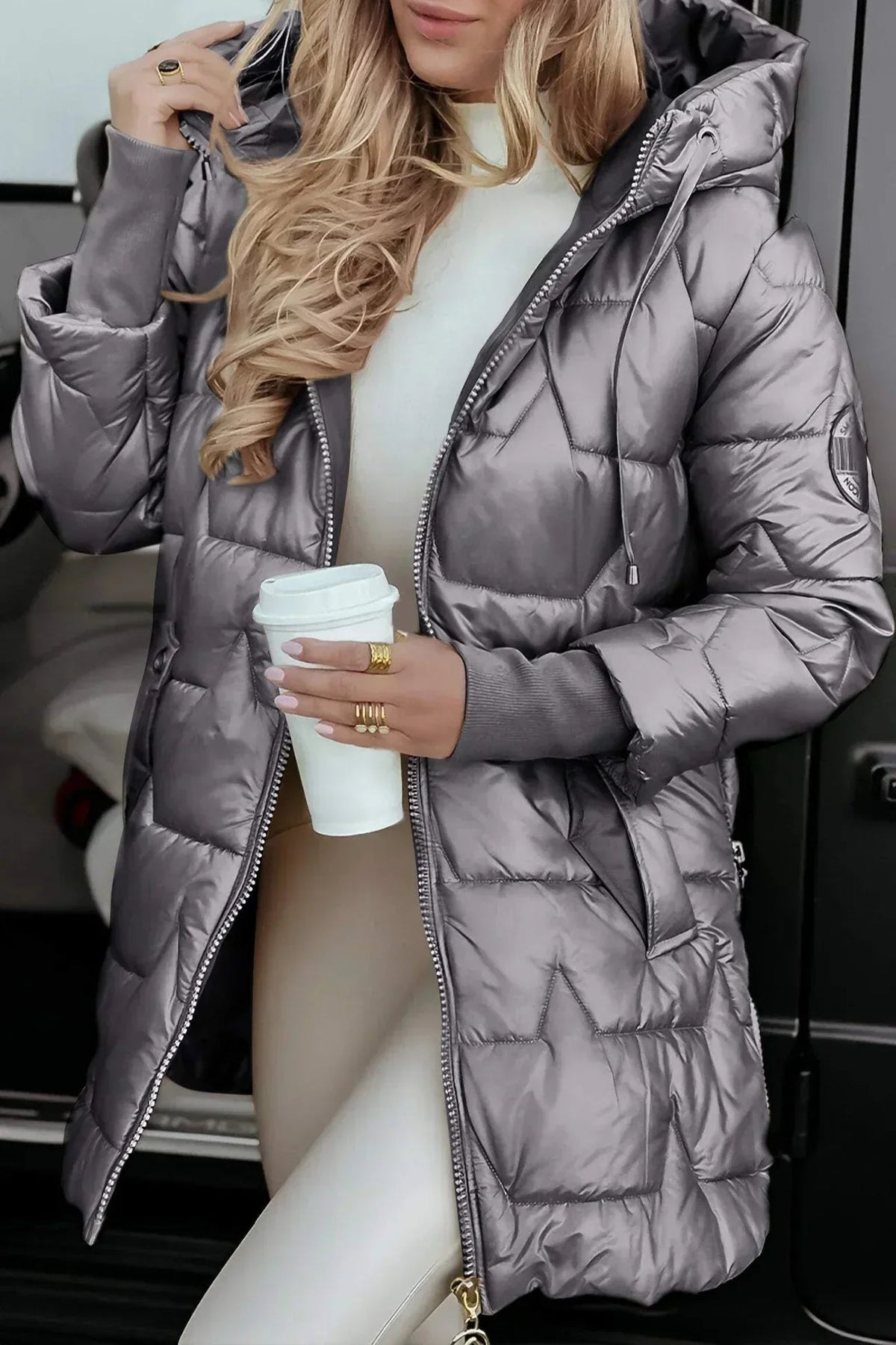 Women's Hooded Quilted Zip-Front Casual Coat in Grey