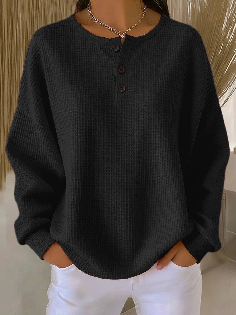 Women's Button-Front Henley Casual Jumper in Black