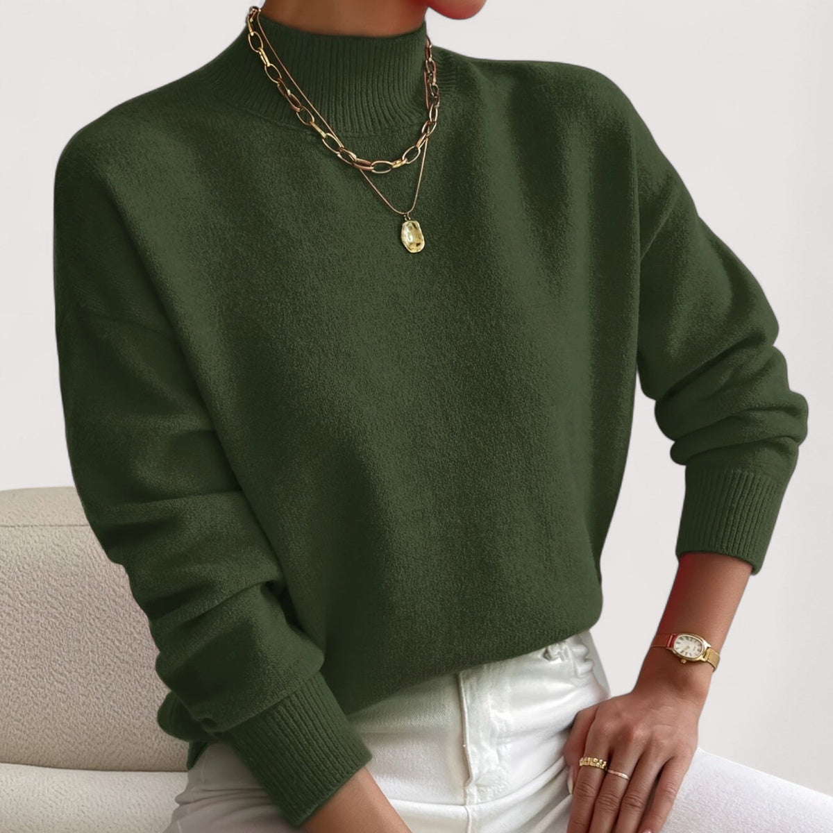 Women's Mock-Neck Casual Jumper in Dark Green