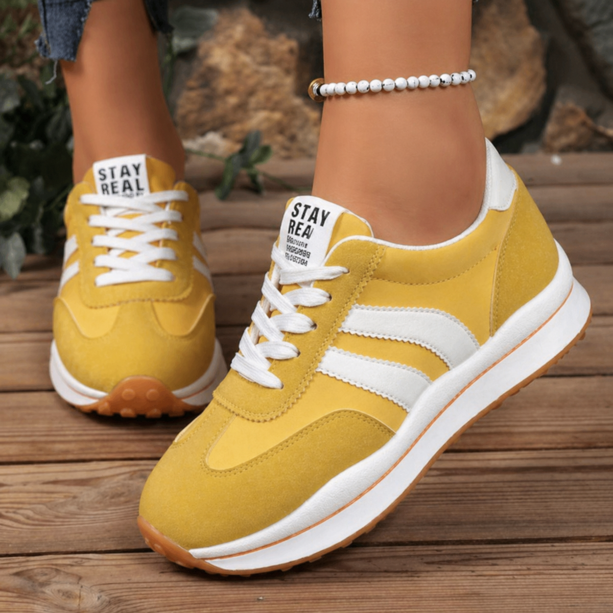 Women's Retro Lace-Up Casual Trainers in Yellow