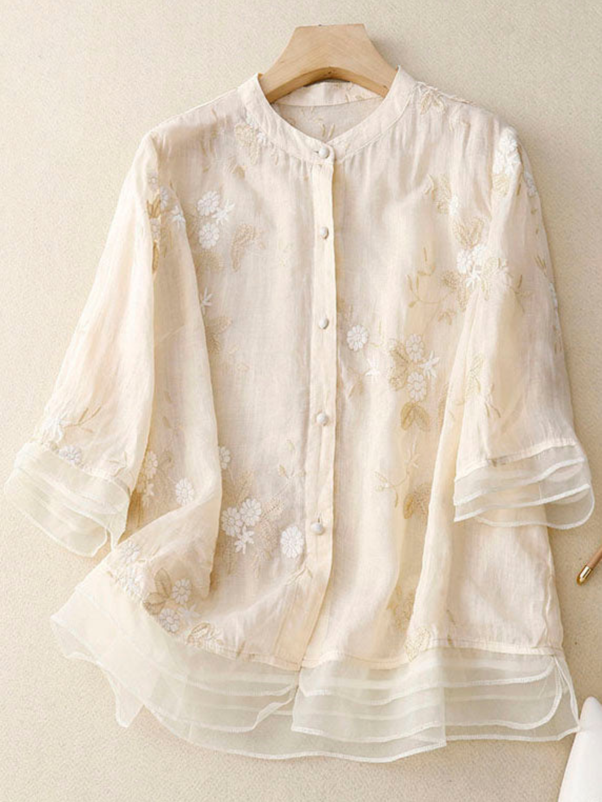 Embroidered Button-Front Casual Blouse in Cream