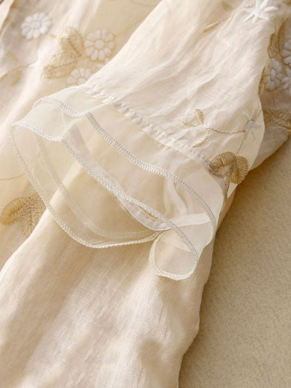 Embroidered Button-Front Casual Blouse in Cream
