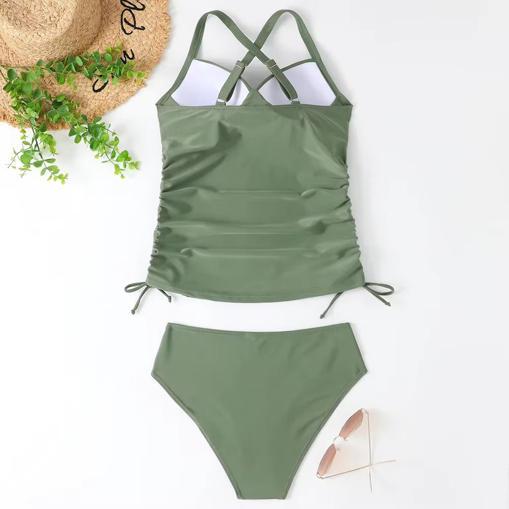 Ruched Side-Tie Cross-Back Beach Swimsuit in Sage