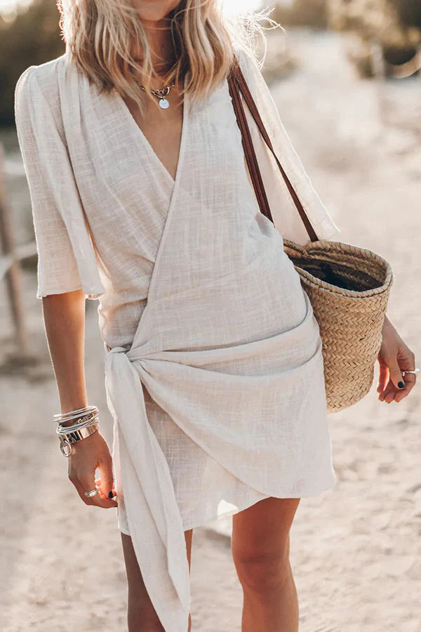 Tie-Waist Wrap Holiday Mini Dress in White