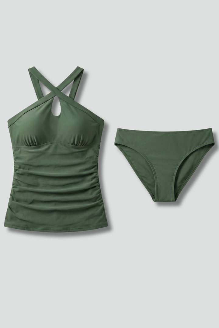 Crossover Halter Keyhole Beach Swimsuit in Dark Green