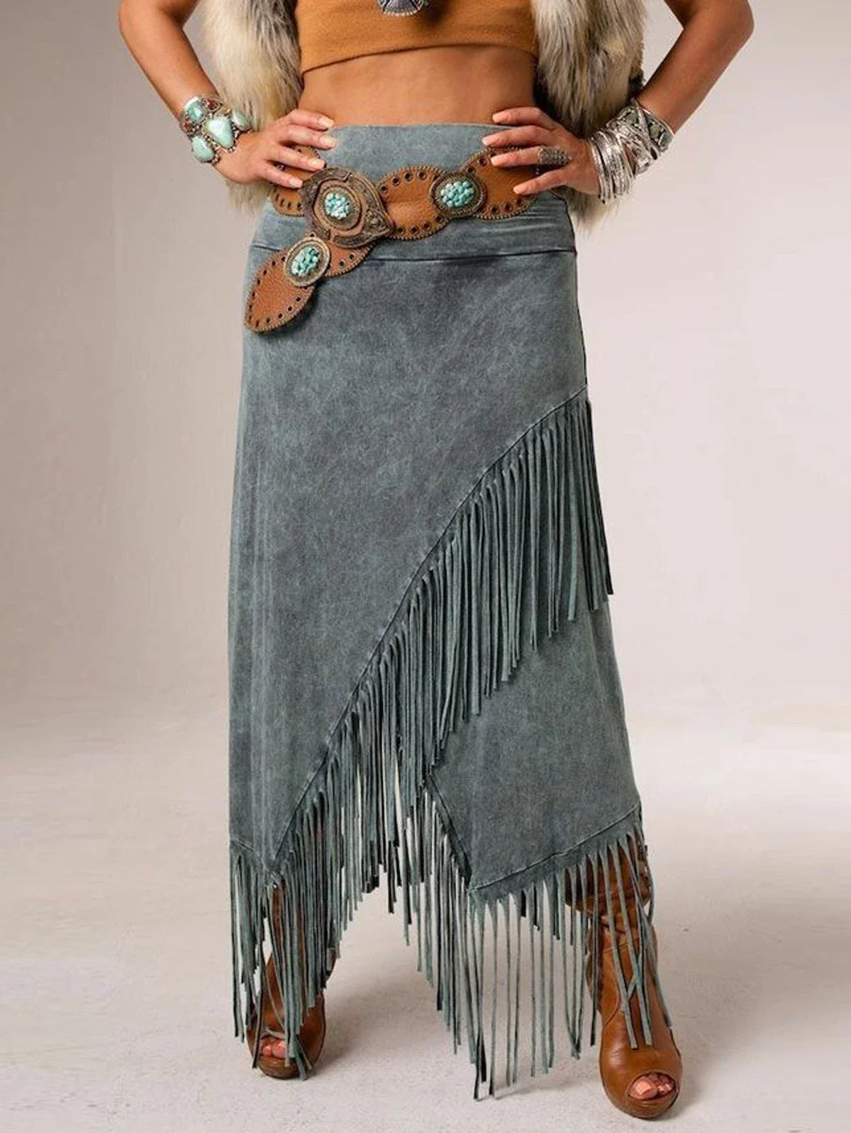 Asymmetric Fringed Casual Skirt in Teal