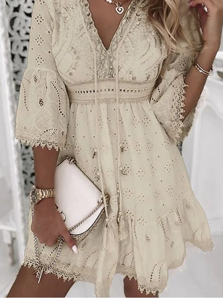Bell-Sleeve V-Neck Casual Mini Dress in Beige