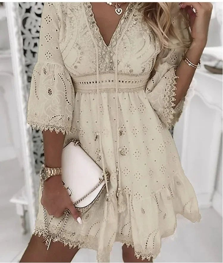 Bell-Sleeve V-Neck Casual Mini Dress in Beige