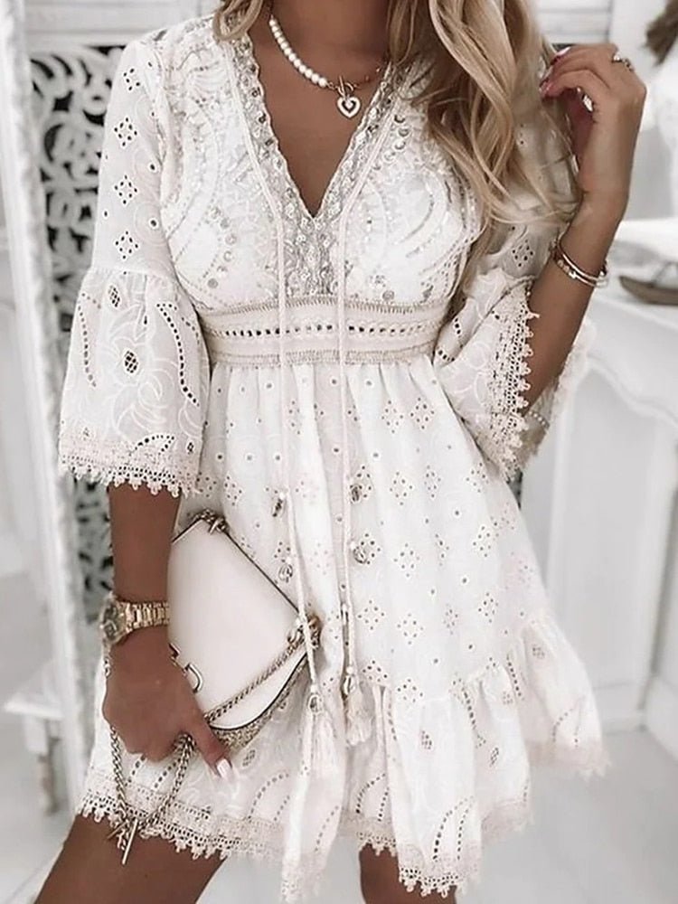 Bell-Sleeve V-Neck Casual Mini Dress in White