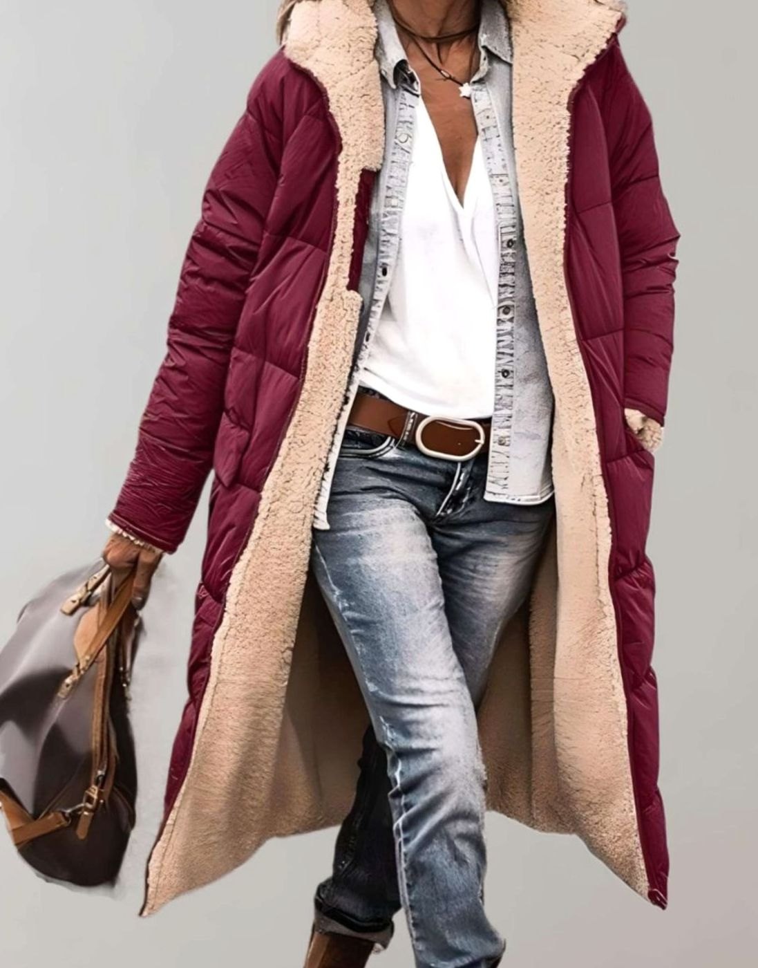 Women's Hooded Quilted Casual Coat in Burgundy