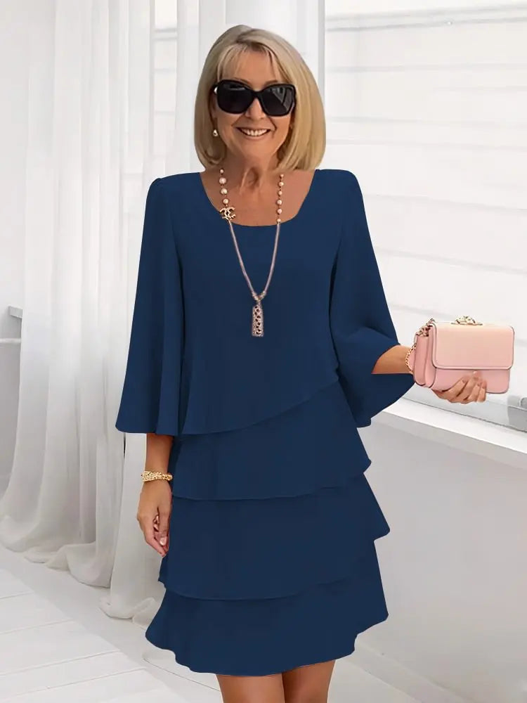 Tiered Bell-Sleeve Cocktail Mini Dress in Dark Blue