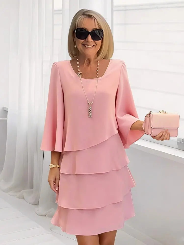 Tiered Bell-Sleeve Cocktail Mini Dress in Pink