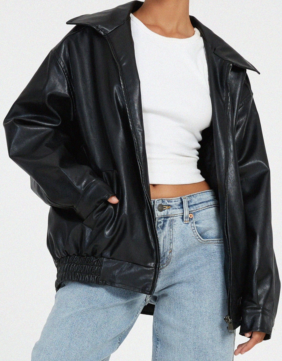 Women's Oversized Zip-Front Casual Jacket in Black