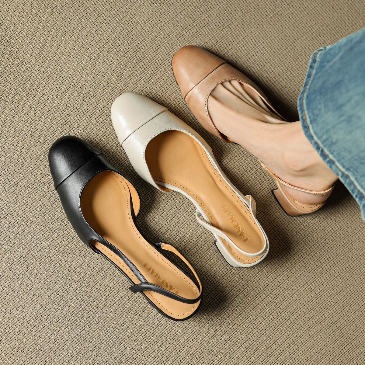 Cap-Toe Slingback Workwear Heels in Cream