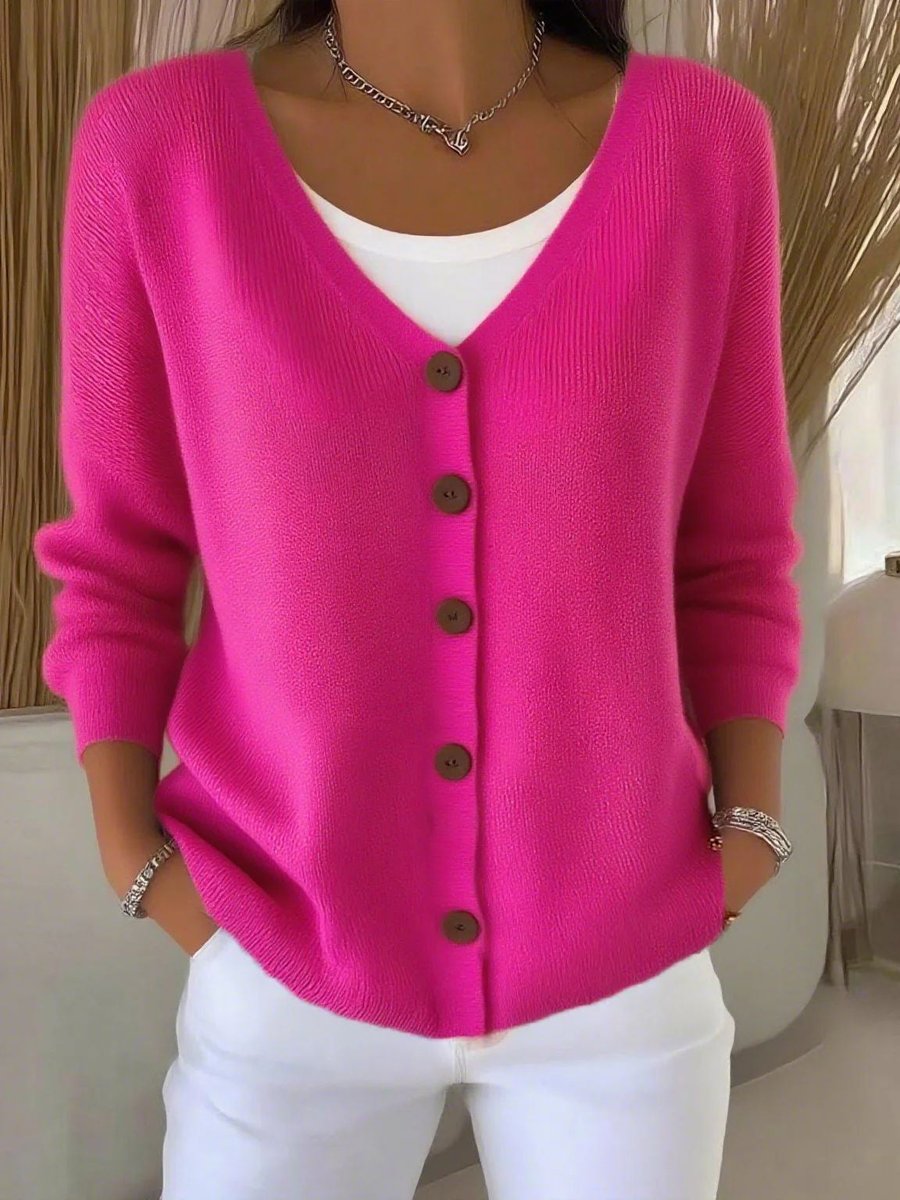 Women's Button-Front V-Neck Casual Cardigan in Fuchsia