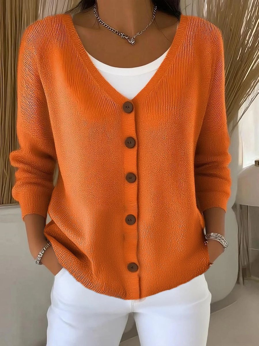 Women's Button-Front V-Neck Casual Cardigan in Orange