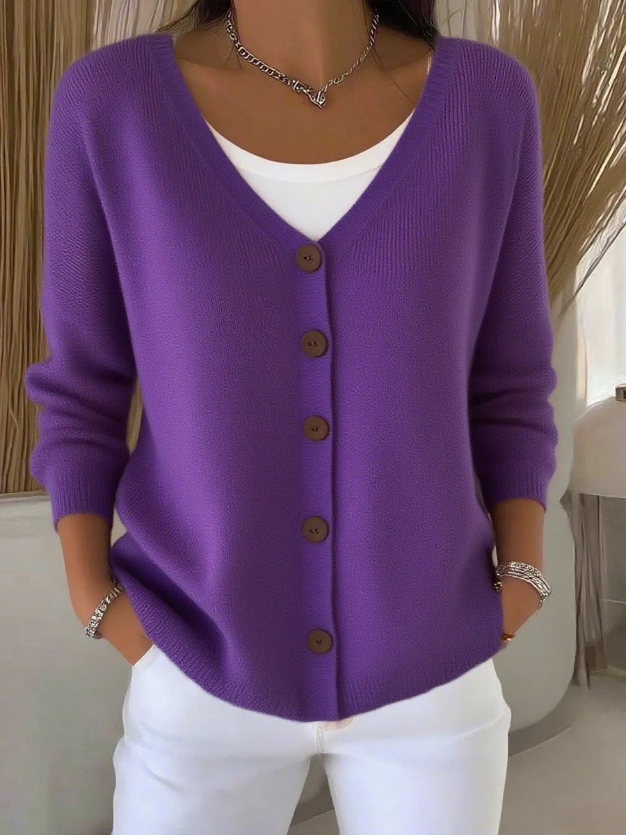 Women's Button-Front V-Neck Casual Cardigan in Purple