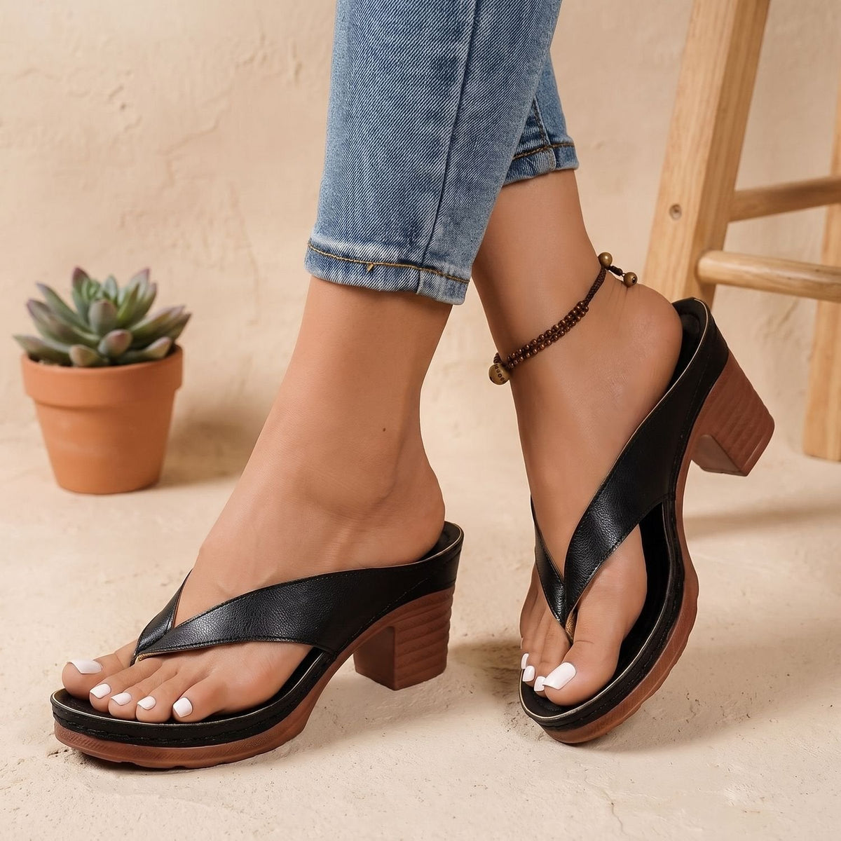 Thong Strap Slip-On Holiday Heels in Black