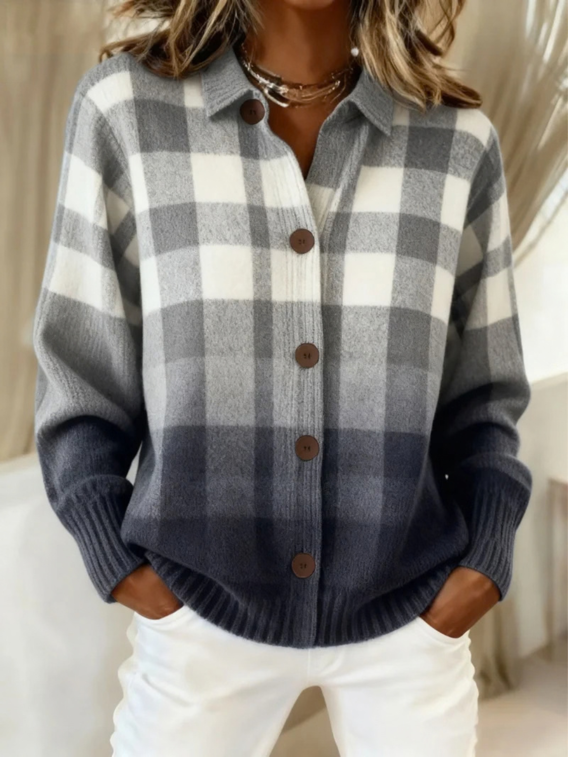 Women's Button-Front Plaid Casual Cardigan in Grey