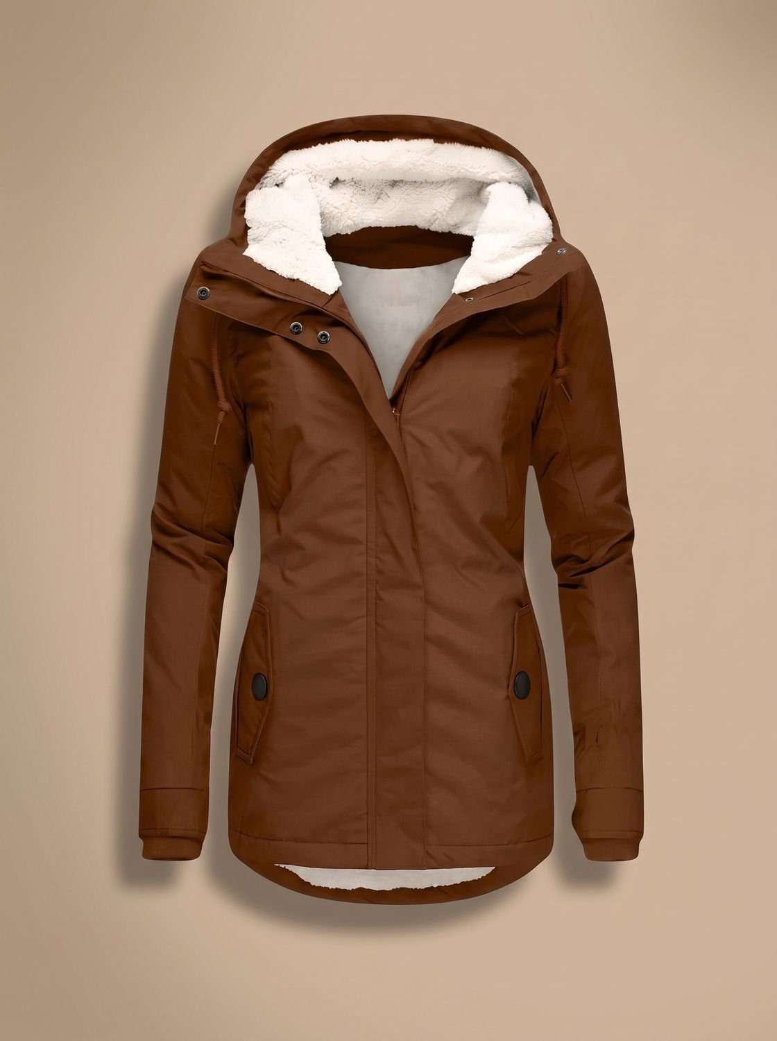 Women's Zip-Front Hooded Casual Coat in Brown