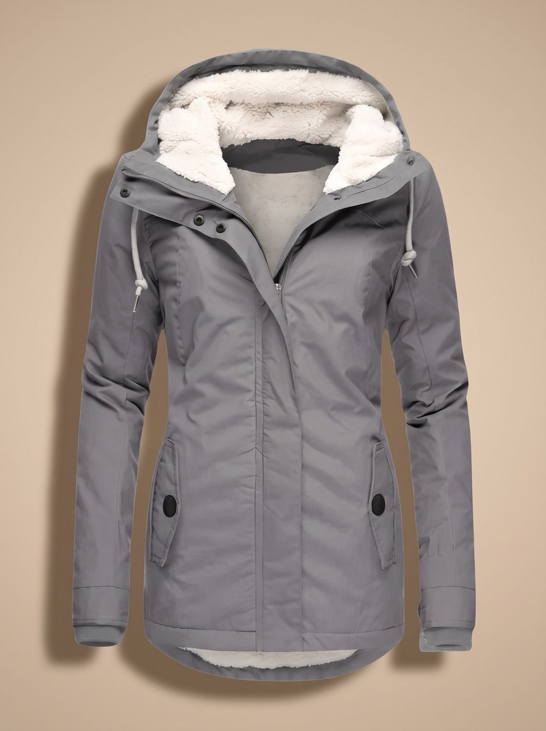 Women's Zip-Front Hooded Casual Coat in Grey