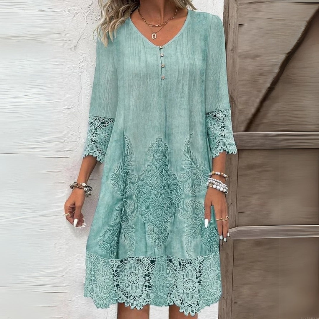 Button V-Neck Lace-Hem Casual Mini Dress in Mint