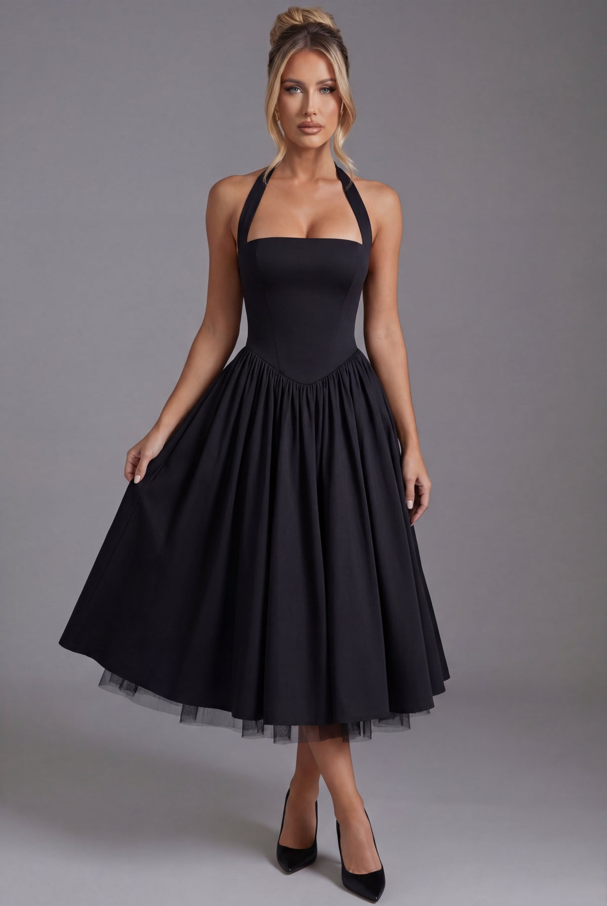 Halterneck Wedding Guest Midi Dress in Black