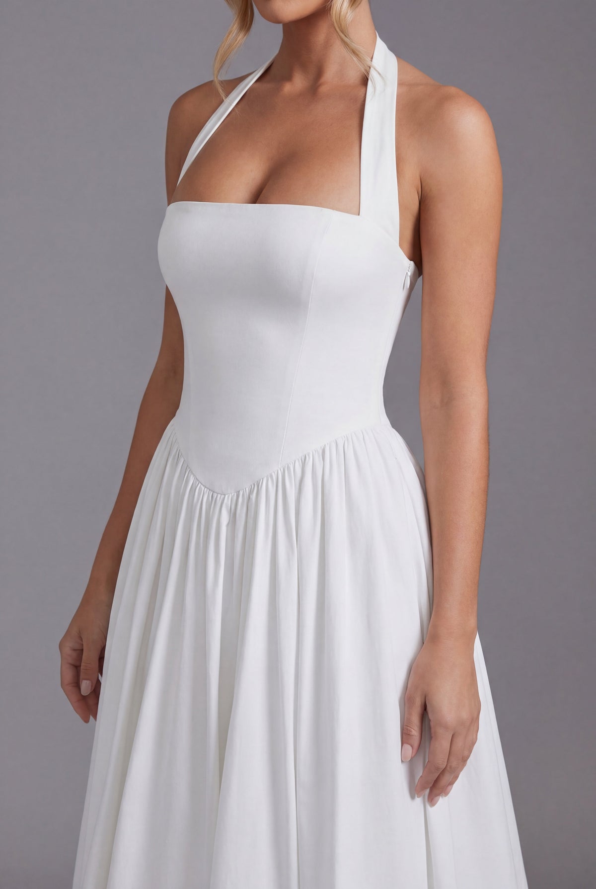Halterneck Wedding Guest Midi Dress in White