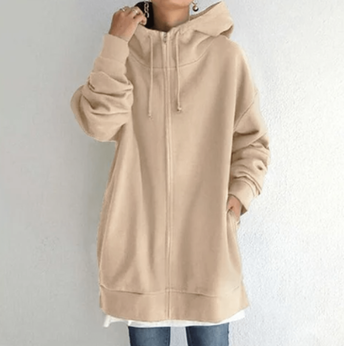 Women's Oversized Zip-Up Casual Hoodie in Beige