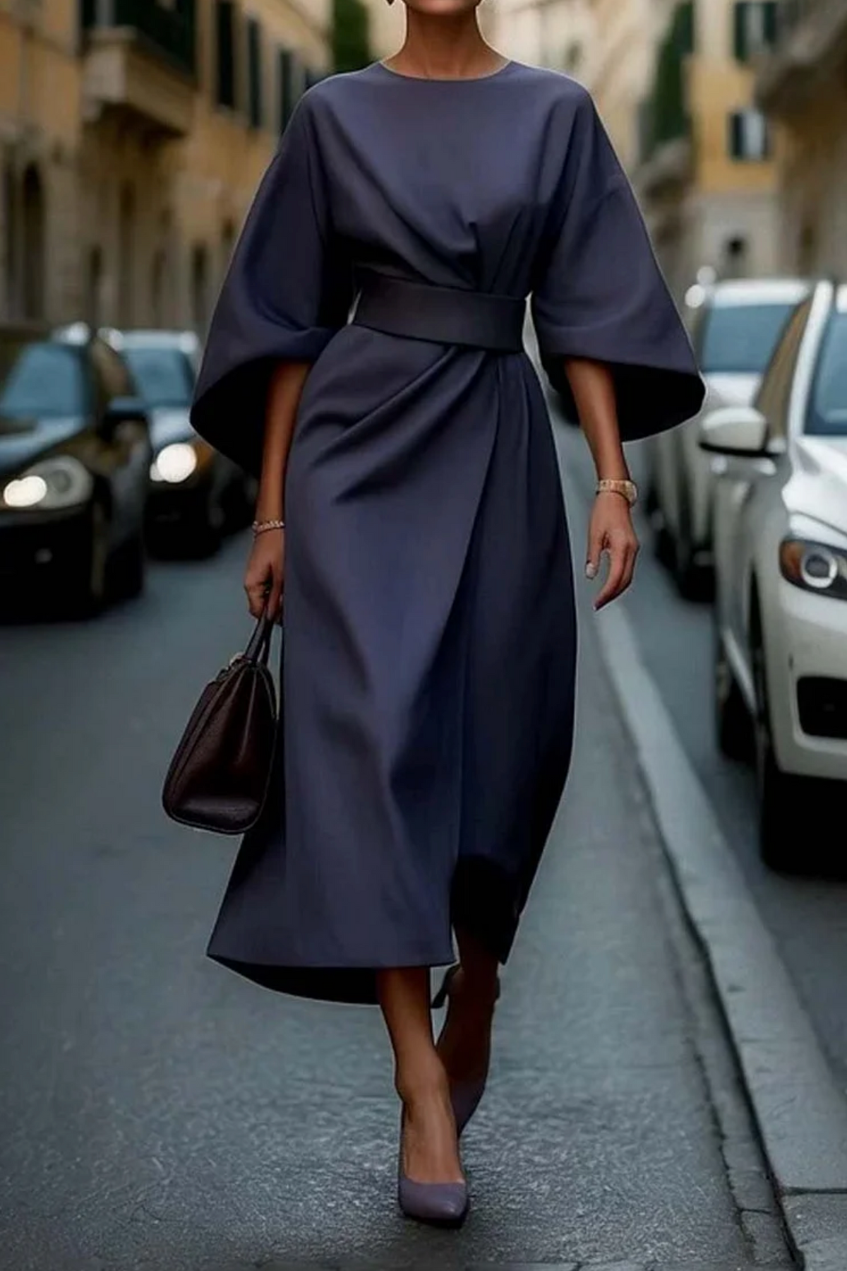 Wide-Sleeve Wrap Cocktail Midi Dress in Dark Blue