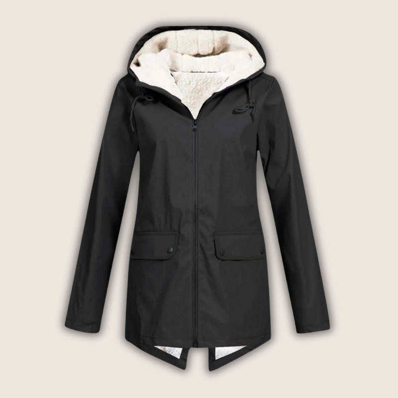 Women's Zip-Front Hooded Casual Coat in Black