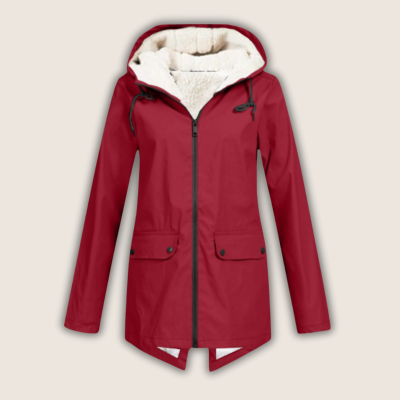 Women's Zip-Front Hooded Casual Coat in Dark Red