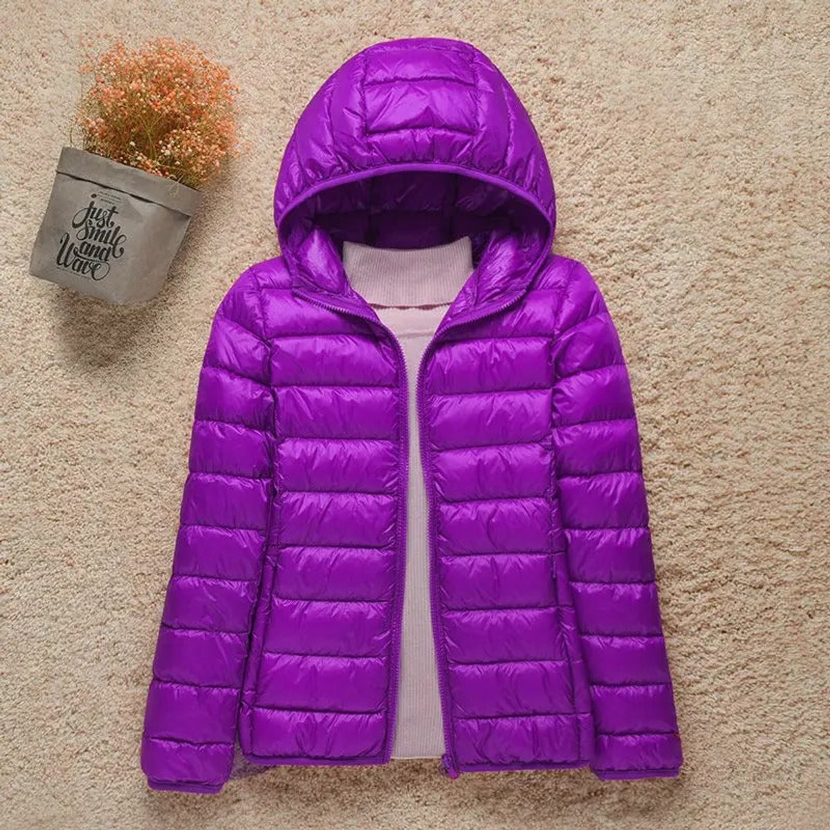 Women's Hooded Quilted Zip-Front Casual Jacket in Purple