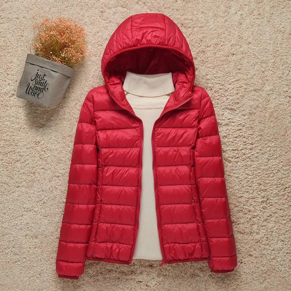 Women's Hooded Quilted Zip-Front Casual Jacket in Red
